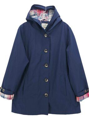 LL BEAN Macintosh Coat Navy Blue Flannel Lined Hooded Women's PETITE LARGE